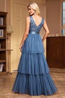 Grey Blue Tiered A Line V-Neck Long Prom Dress
