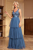 Load image into Gallery viewer, Grey Blue Tiered A Line V-Neck Long Prom Dress