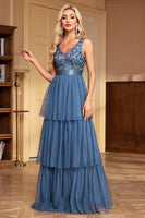 Load image into Gallery viewer, Grey Blue Tiered A Line V-Neck Long Prom Dress