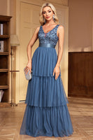 Load image into Gallery viewer, Grey Blue Tiered A Line V-Neck Long Prom Dress
