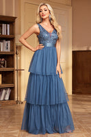 Load image into Gallery viewer, Grey Blue Tiered A Line V-Neck Long Prom Dress