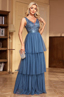 Load image into Gallery viewer, Grey Blue Tiered A Line V-Neck Long Prom Dress
