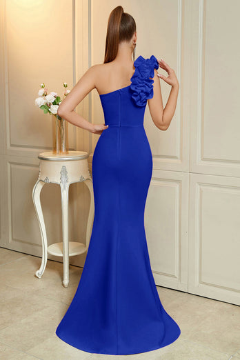 Simple Red Ruffled Mermaid One Shoulder Long Prom Dress with Slit