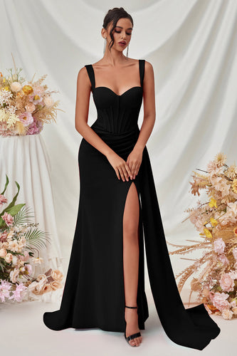Simple Black Long Mermaid Prom Dress with Side Cape
