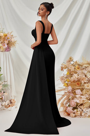 Simple Black Long Mermaid Prom Dress with Side Cape