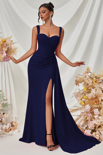Simple Black Long Mermaid Prom Dress with Side Cape
