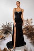 Load image into Gallery viewer, Sparkly Black Mermaid Spaghetti Straps Maxi Prom Dress with Side Cape