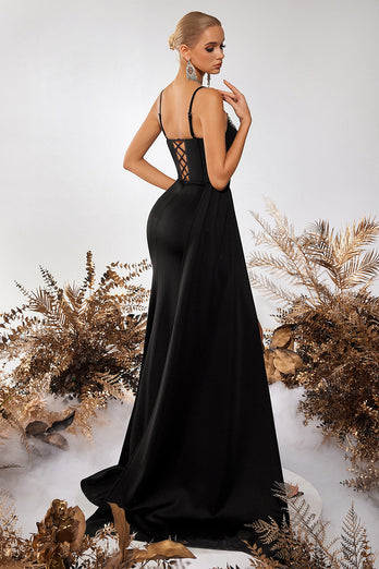 Sparkly Black Mermaid Spaghetti Straps Maxi Prom Dress with Side Cape