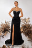 Load image into Gallery viewer, Sparkly Black Mermaid Spaghetti Straps Maxi Prom Dress with Side Cape
