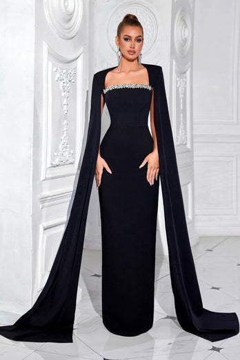 Sparkly Black Maxi Sheath Prom Dress with Cape