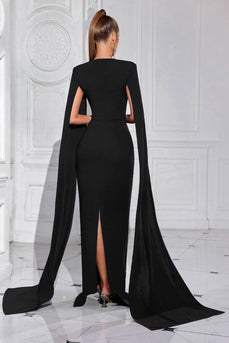 Sparkly Black Maxi Sheath Prom Dress with Cape