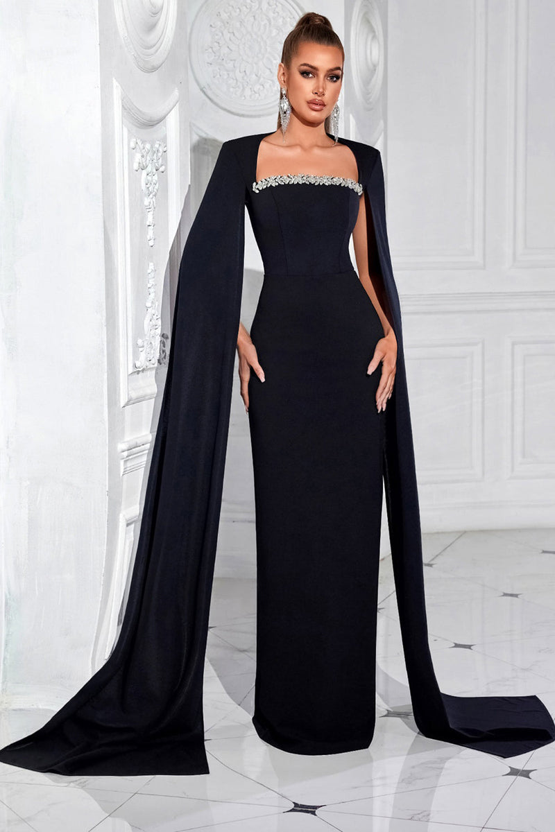 Load image into Gallery viewer, Sparkly Black Maxi Sheath Prom Dress with Cape