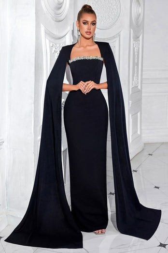 Sparkly Black Maxi Sheath Prom Dress with Cape