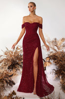 Load image into Gallery viewer, Sparkly Burgundy Corset Off the Shoulder Long Sequin Prom Dress with Slit