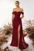 Load image into Gallery viewer, Sparkly Burgundy Corset Off the Shoulder Long Sequin Prom Dress with Slit