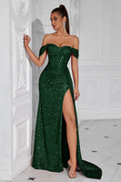 Load image into Gallery viewer, Sparkly Burgundy Corset Off the Shoulder Long Sequin Prom Dress with Slit