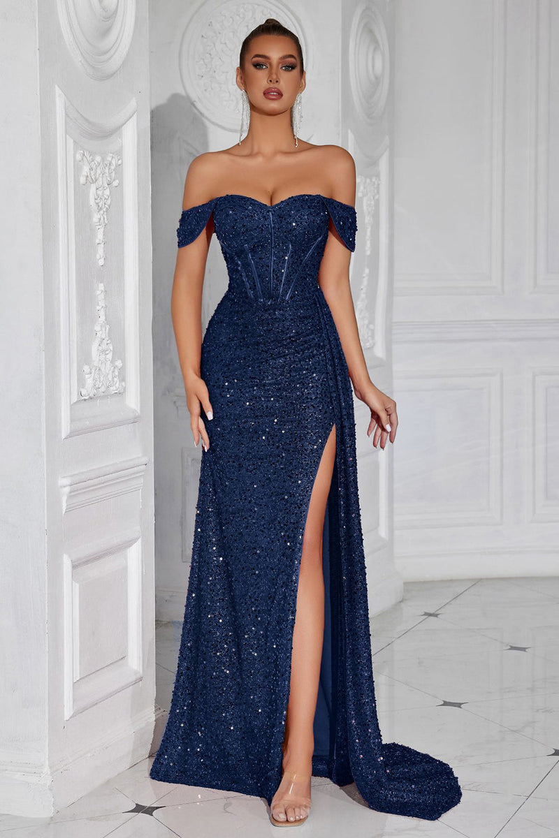 Load image into Gallery viewer, Sparkly Burgundy Corset Off the Shoulder Long Sequin Prom Dress with Slit