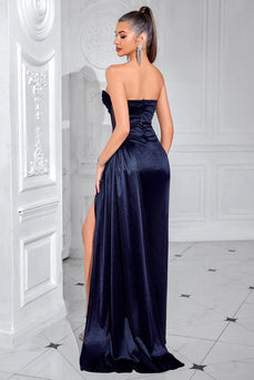 Navy Mermaid Strapless Long Corset Prom Dress with Slit