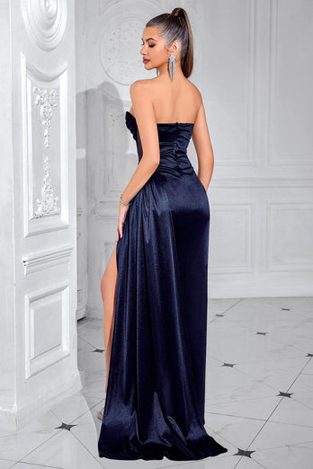 Navy Mermaid Strapless Long Corset Prom Dress with Slit