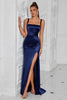 Load image into Gallery viewer, Simple Navy Ruched Mermaid Long Prom Dress with Slit
