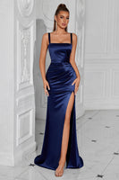 Load image into Gallery viewer, Simple Navy Ruched Mermaid Long Prom Dress with Slit
