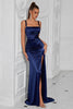 Load image into Gallery viewer, Simple Navy Ruched Mermaid Long Prom Dress with Slit