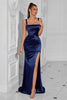 Load image into Gallery viewer, Simple Navy Ruched Mermaid Long Prom Dress with Slit