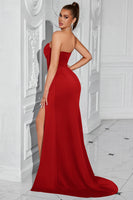 Load image into Gallery viewer, Simple Red Mermaid Strapless Long Corset Prom Dress with Slit