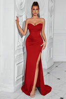 Load image into Gallery viewer, Simple Red Mermaid Strapless Long Corset Prom Dress with Slit