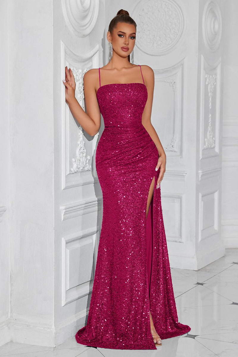 Load image into Gallery viewer, Sparkly Golden Spaghetti Straps Long Sequin Prom Dress with Slit