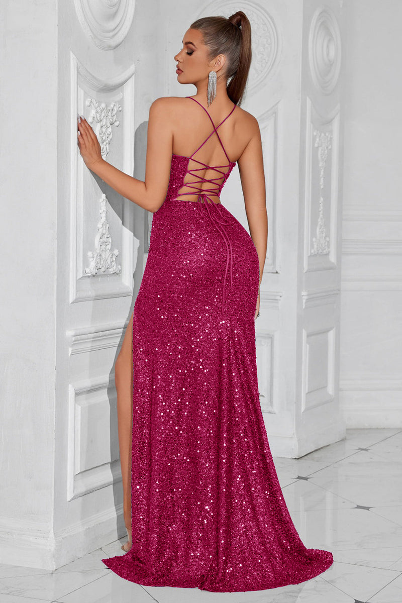 Load image into Gallery viewer, Sparkly Golden Spaghetti Straps Long Sequin Prom Dress with Slit