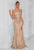 Load image into Gallery viewer, Sparkly Golden Spaghetti Straps Long Sequin Prom Dress with Slit
