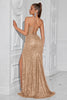 Load image into Gallery viewer, Sparkly Golden Spaghetti Straps Long Sequin Prom Dress with Slit
