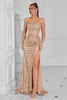 Load image into Gallery viewer, Sparkly Golden Spaghetti Straps Long Sequin Prom Dress with Slit