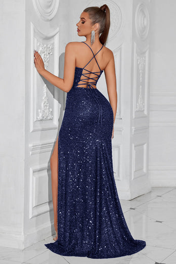 Sparkly Golden Spaghetti Straps Long Sequin Prom Dress with Slit
