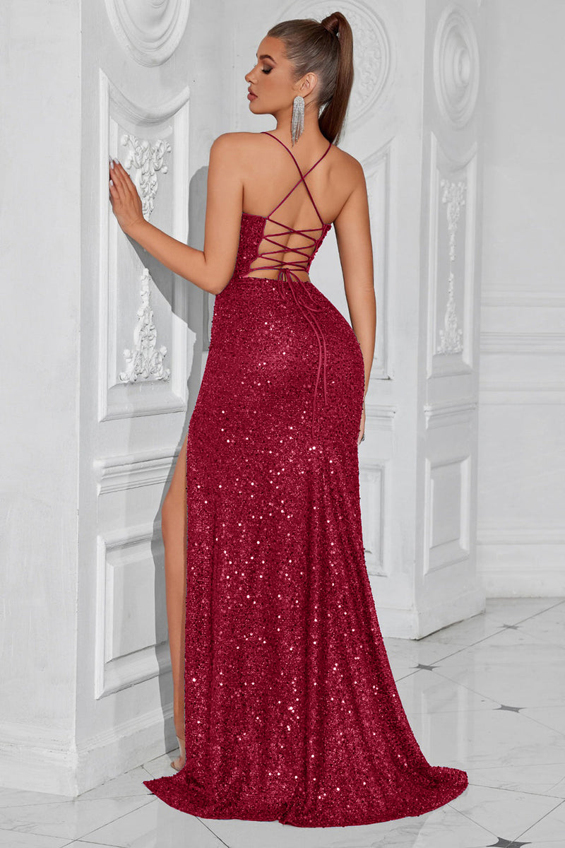 Load image into Gallery viewer, Sparkly Golden Spaghetti Straps Long Sequin Prom Dress with Slit