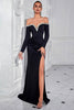 Load image into Gallery viewer, Sparkly Off the Shoulder Long Sleeves Black Prom Dress with Slit