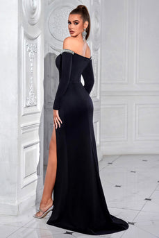 Sparkly Off the Shoulder Long Sleeves Black Prom Dress with Slit
