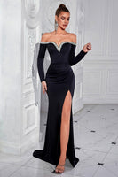 Load image into Gallery viewer, Sparkly Off the Shoulder Long Sleeves Black Prom Dress with Slit