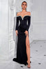 Load image into Gallery viewer, Sparkly Off the Shoulder Long Sleeves Black Prom Dress with Slit