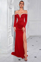 Load image into Gallery viewer, Sparkly Off the Shoulder Long Sleeves Black Prom Dress with Slit