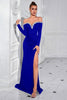 Load image into Gallery viewer, Sparkly Off the Shoulder Long Sleeves Black Prom Dress with Slit