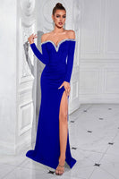 Load image into Gallery viewer, Sparkly Off the Shoulder Long Sleeves Black Prom Dress with Slit