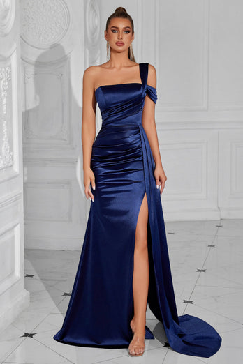 Navy Mermaid One Shoulder Long Prom Dress with Side Cape