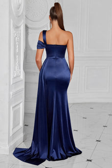 Navy Mermaid One Shoulder Long Prom Dress with Side Cape
