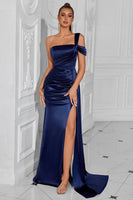 Load image into Gallery viewer, Navy Mermaid One Shoulder Long Prom Dress with Side Cape