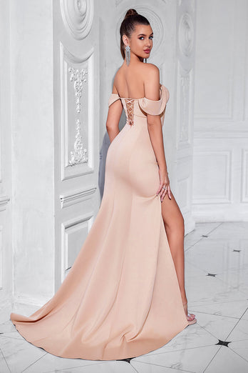 Blush Mermaid Off the Shoulder Long Corset Prom Dress with Slit