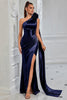 Load image into Gallery viewer, Navy Mermaid One Shoulder Ruched Long Prom Dress with 3D Flower