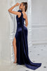 Load image into Gallery viewer, Navy Mermaid One Shoulder Ruched Long Prom Dress with 3D Flower