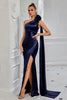 Load image into Gallery viewer, Navy Mermaid One Shoulder Ruched Long Prom Dress with 3D Flower